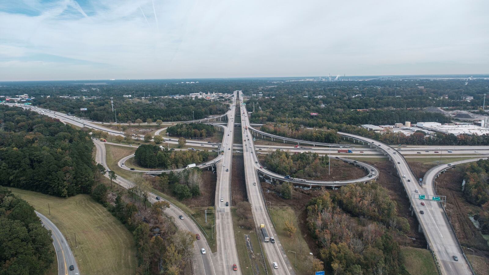 Aerial view of a highway interchange and its access roads