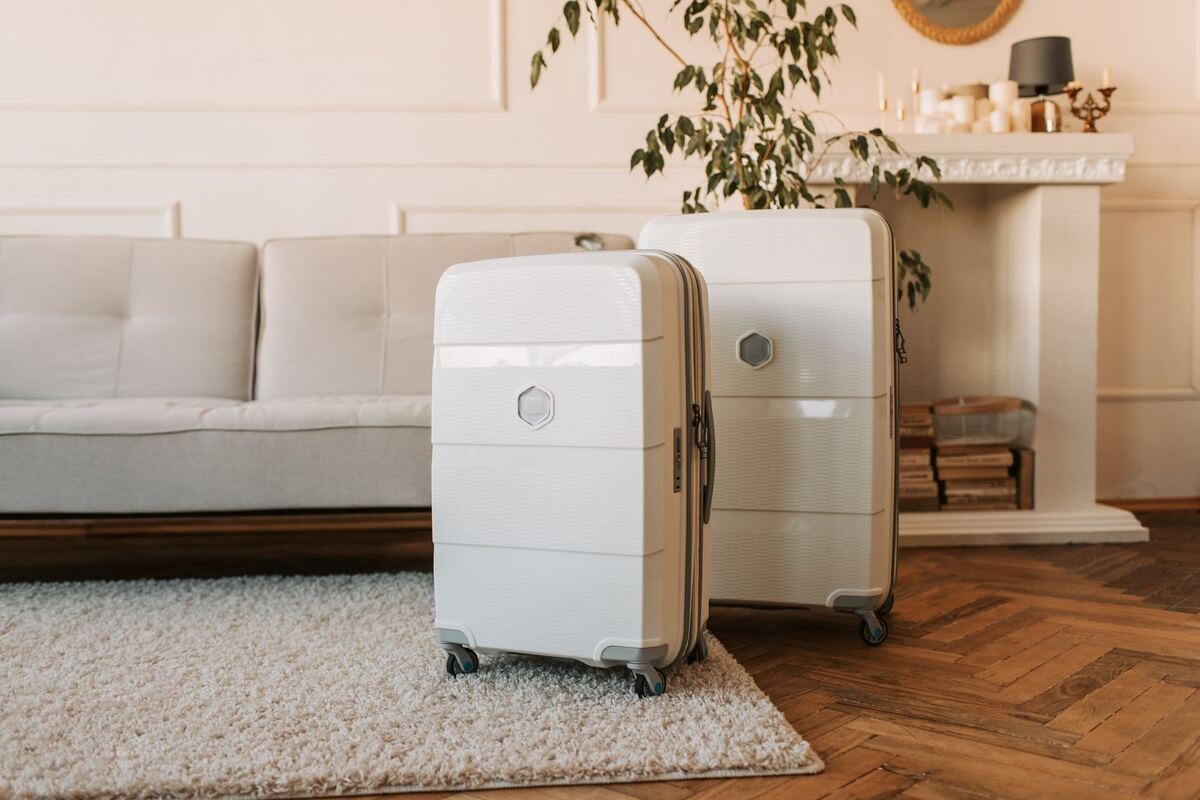 Two hard-shell suitcases standing on a rug in a furnished room